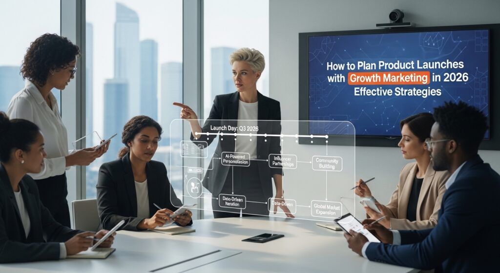 Reunião de um grupo de profissionais em uma sala moderna, discutindo estratégias de marketing para o lançamento de um produto. Uma mulher na frente apresenta informações em uma tela, destacando conceitos como personalização impulsionada por IA, parcerias com influenciadores e expansão global.