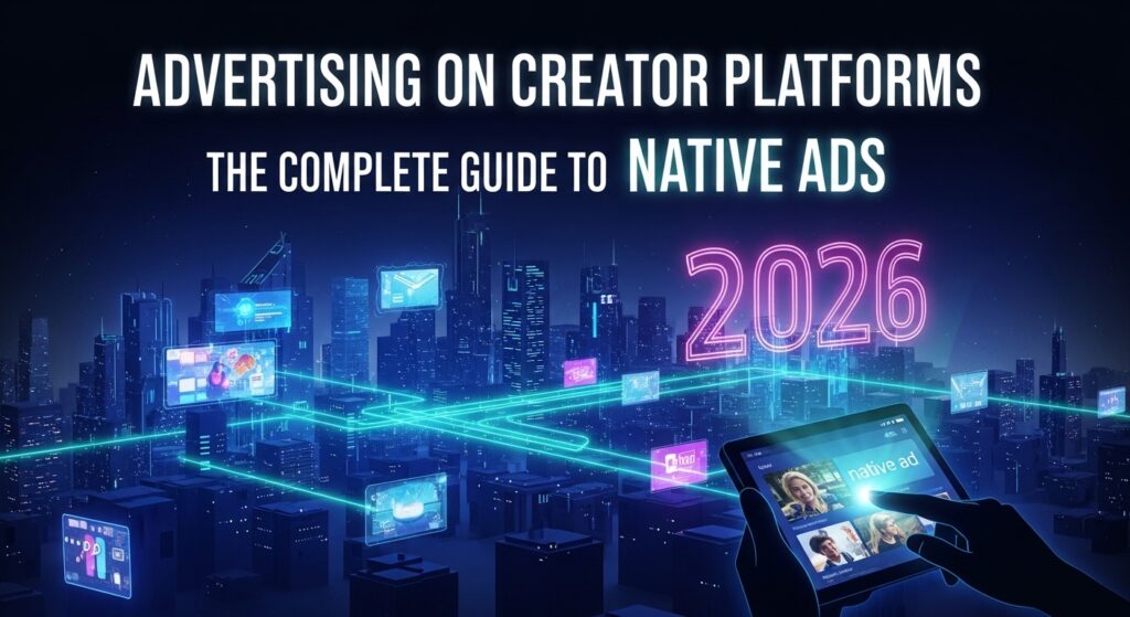 Ilustração futurista de publicidade digital em plataformas de criadores, com uma tela de tablet exibindo anúncios nativos, cercada por gráficos e painéis em uma cidade iluminada.