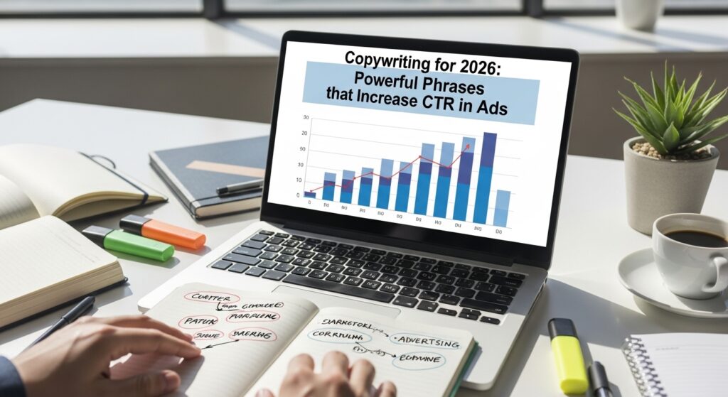 Laptop aberto mostrando gráfico sobre copywriting para 2026, com anotações feitas em um caderno ao lado e uma planta no fundo.