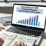 Laptop aberto mostrando gráfico sobre copywriting para 2026, com anotações feitas em um caderno ao lado e uma planta no fundo.