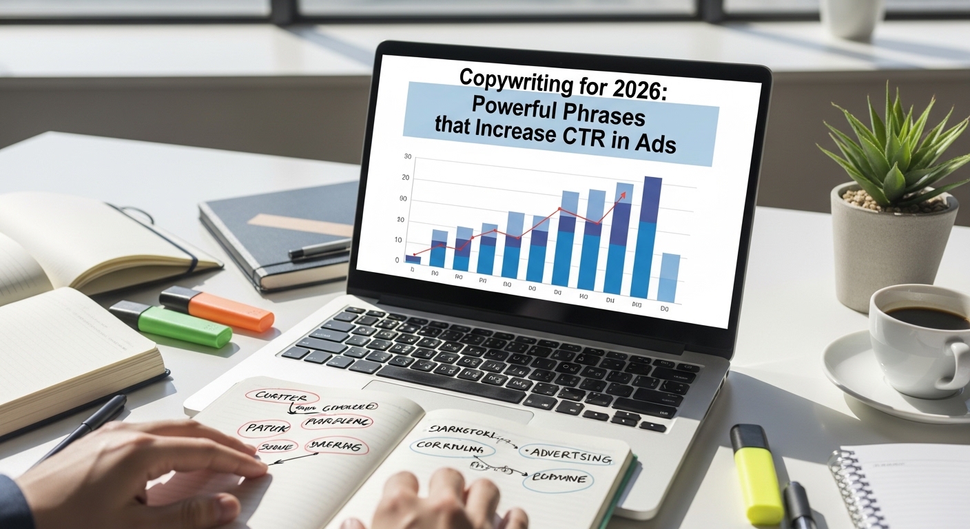 Laptop aberto mostrando gráfico sobre copywriting para 2026, com anotações feitas em um caderno ao lado e uma planta no fundo.