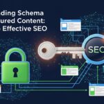 Ilustração sobre Schema e Conteúdo Estruturado com um cadeado, uma chave e ícones de páginas/websites conectados por linhas, simbolizando a importância para SEO.