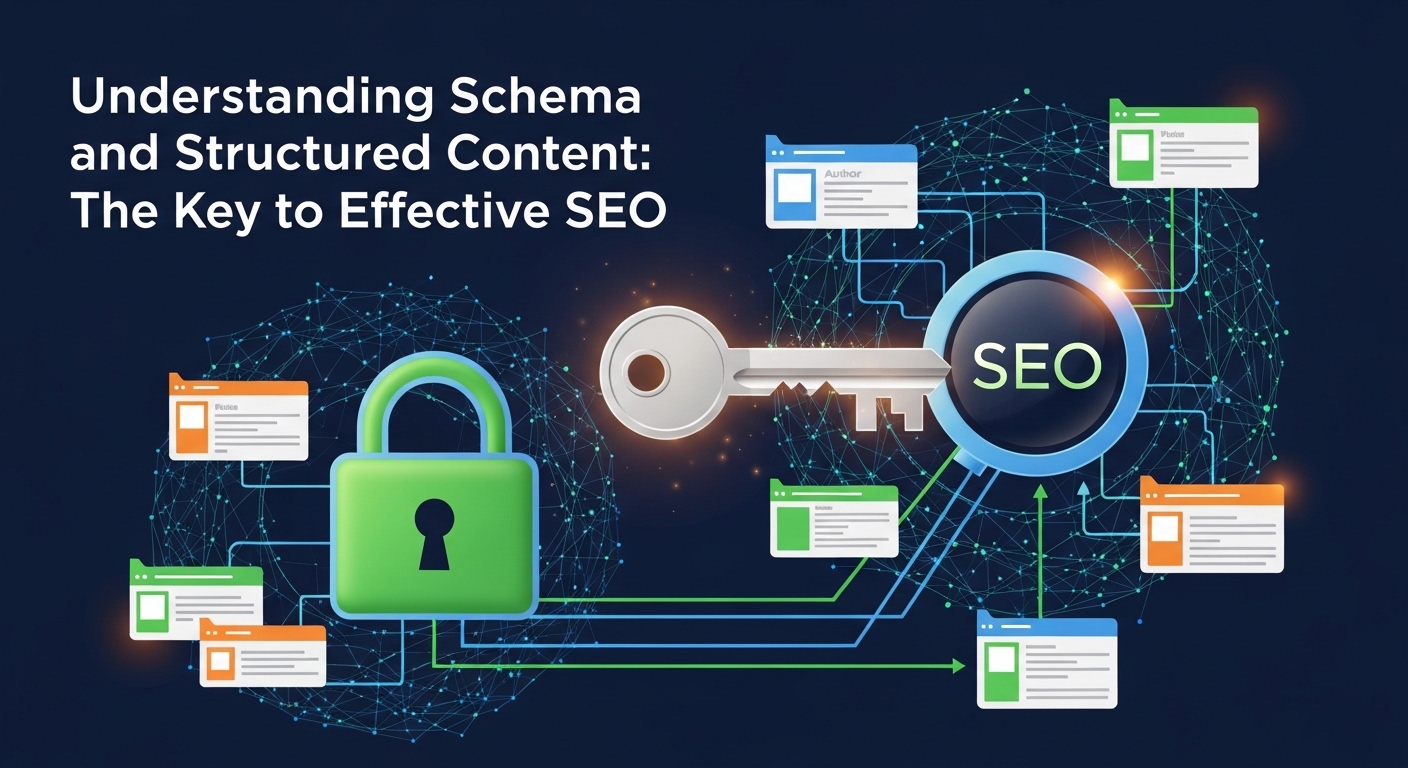 Ilustração sobre Schema e Conteúdo Estruturado com um cadeado, uma chave e ícones de páginas/websites conectados por linhas, simbolizando a importância para SEO.