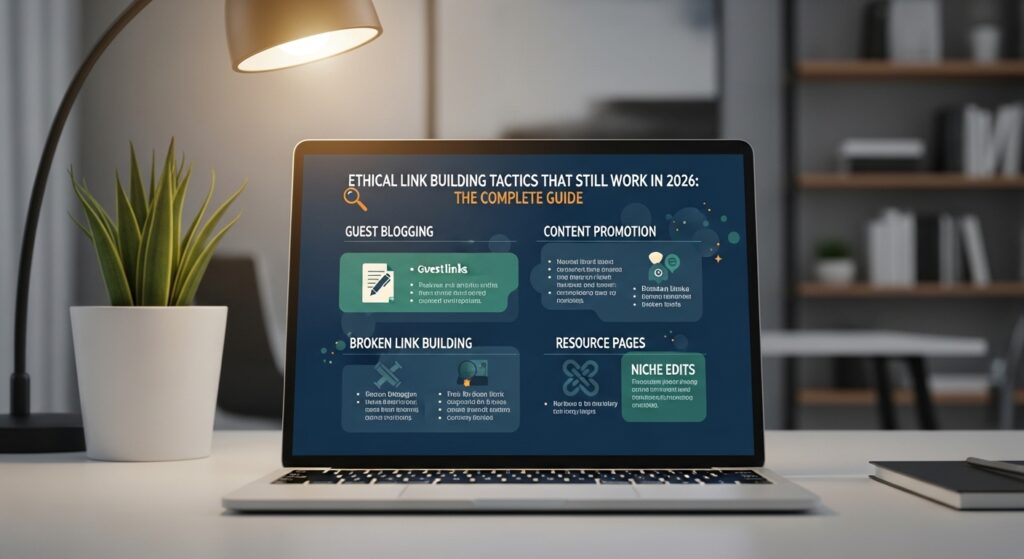 Imagem de um laptop exibindo a apresentação sobre táticas éticas de link building em 2026, com texto sobre Guest Blogging, Promoção de Conteúdo, Construção de Links Quebrados, Páginas de Recursos e Edições de Nicho.