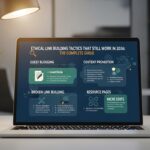 Imagem de um laptop exibindo a apresentação sobre táticas éticas de link building em 2026, com texto sobre Guest Blogging, Promoção de Conteúdo, Construção de Links Quebrados, Páginas de Recursos e Edições de Nicho.