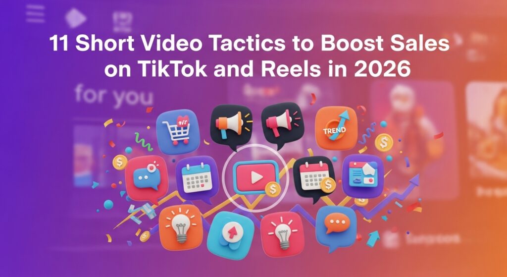 Ilustração com ícones relacionados a táticas de vídeo curto, incluindo símbolos de vendas, engajamento e tendências, com o texto '11 Short Video Tactics to Boost Sales on TikTok and Reels in 2026' em destaque.