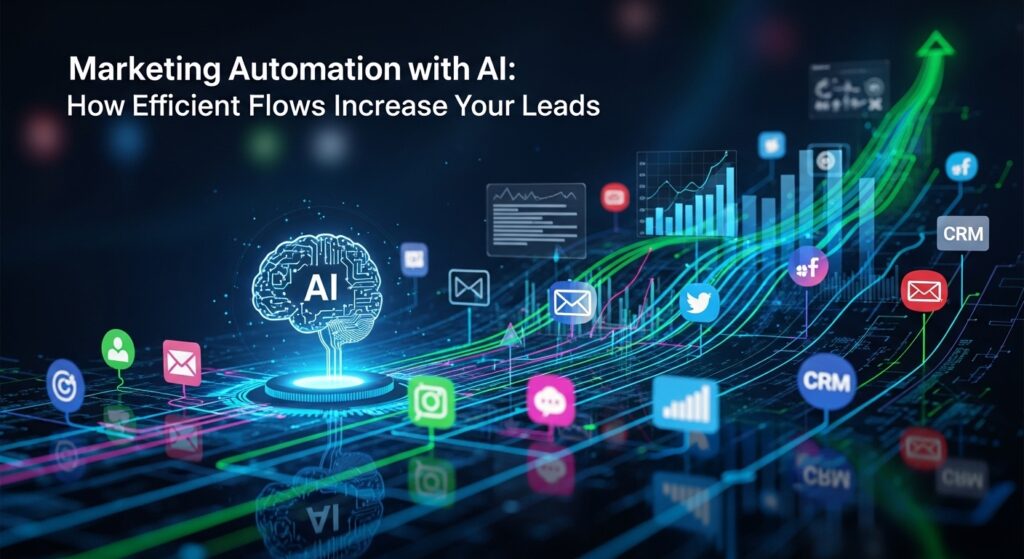 Imagem representativa de automação de marketing com inteligência artificial, mostrando um cérebro estilizado com circuitos e ícones de redes sociais e métricas de desempenho.