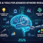 Imagem ilustrativa sobre ferramentas de IA para pesquisa de palavra-chave em 2026, destacando um cérebro tecnológico com ícones representando diferentes aspectos da pesquisa de palavras-chave.