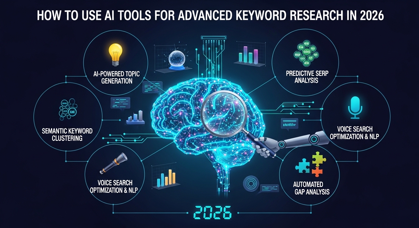 Imagem ilustrativa sobre ferramentas de IA para pesquisa de palavra-chave em 2026, destacando um cérebro tecnológico com ícones representando diferentes aspectos da pesquisa de palavras-chave.