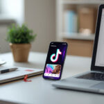 Smartphone exibindo um anúncio no TikTok sobre uma mesa de escritório com gráficos de análise de marketing e laptop com métricas de desempenho