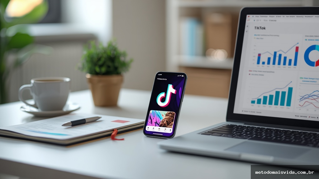 Smartphone exibindo um anúncio no TikTok sobre uma mesa de escritório com gráficos de análise de marketing e laptop com métricas de desempenho