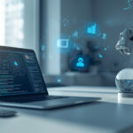 Laptop moderno exibindo diagramas de redes neurais e visualizacoes de dados em uma mesa minimalista com projecoes holograficas de algoritmos de inteligencia artificial ao fundo