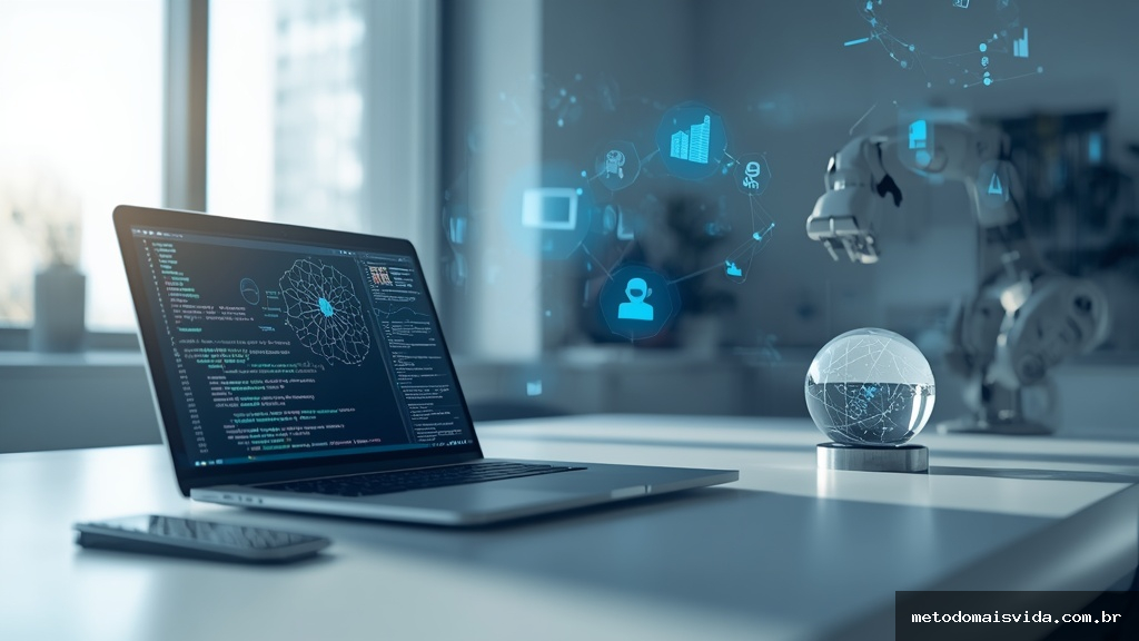 Laptop moderno exibindo diagramas de redes neurais e visualizacoes de dados em uma mesa minimalista com projecoes holograficas de algoritmos de inteligencia artificial ao fundo