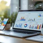 Mesa de trabalho moderna com laptop exibindo dashboard de automação de marketing, gráficos de análise e smartphone com notificações de campanhas digitais