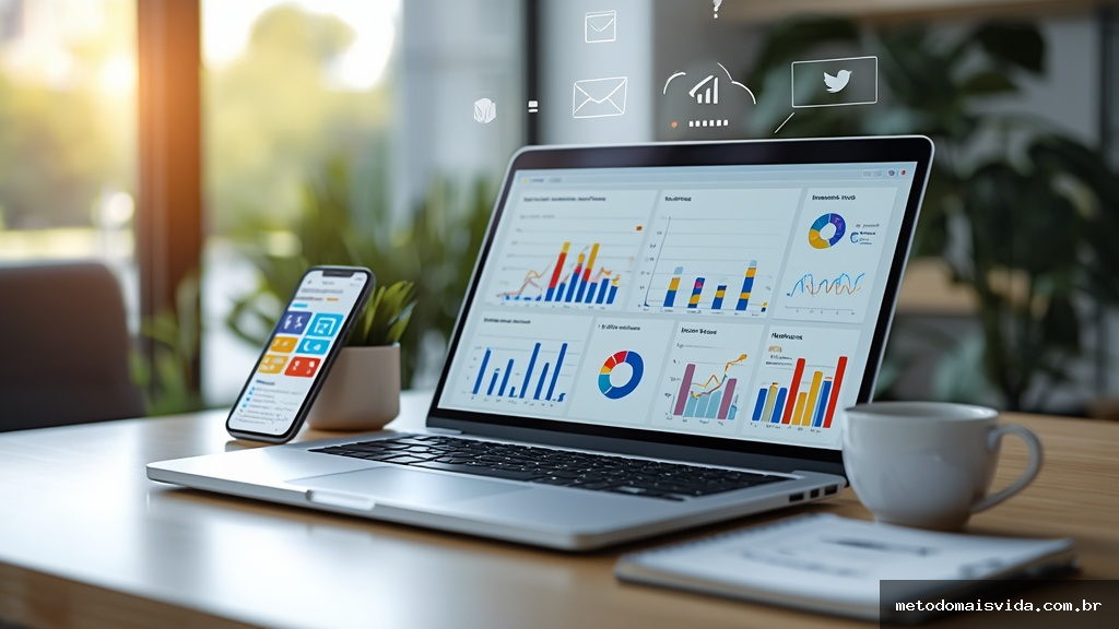 Mesa de trabalho moderna com laptop exibindo dashboard de automação de marketing, gráficos de análise e smartphone com notificações de campanhas digitais