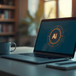 Notebook moderno sobre mesa de escritório exibindo interface de chat com inteligência artificial ChatGPT, ao lado de uma xícara de café e caderno, em ambiente iluminado naturalmente
