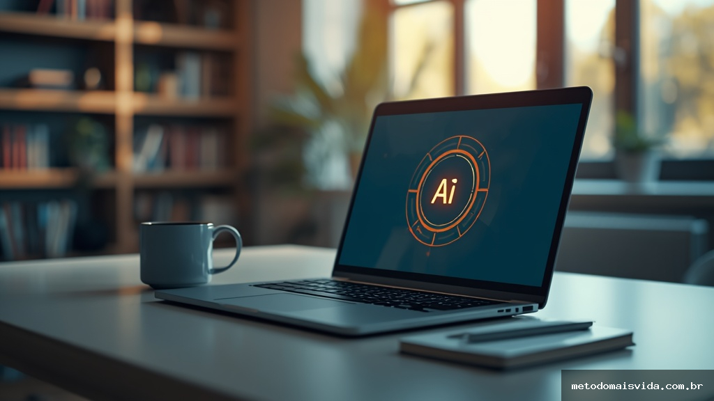 Notebook moderno sobre mesa de escritório exibindo interface de chat com inteligência artificial ChatGPT, ao lado de uma xícara de café e caderno, em ambiente iluminado naturalmente
