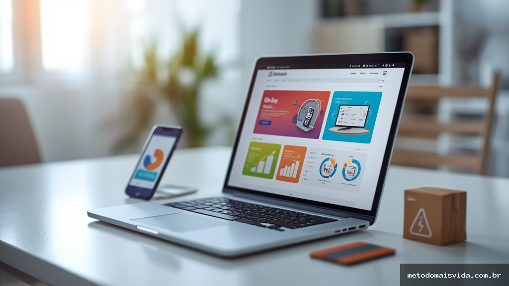 Mesa de escritório moderna com notebook exibindo loja virtual, smartphone com carrinho de compras e caixa de entrega representando vendas no comércio eletrônico