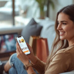 Mulher jovem sorrindo enquanto realiza compras pelo celular em rede social, com sacolas e laptop ao redor mostrando live commerce