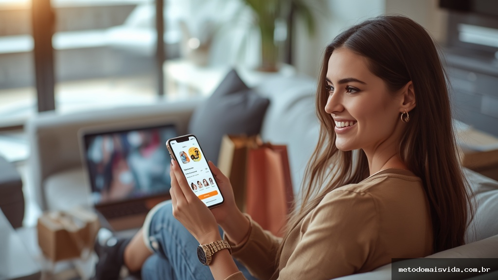 Mulher jovem sorrindo enquanto realiza compras pelo celular em rede social, com sacolas e laptop ao redor mostrando live commerce