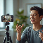 Criador de conteúdo gravando vídeo curto vertical com smartphone e ring light em estúdio caseiro moderno