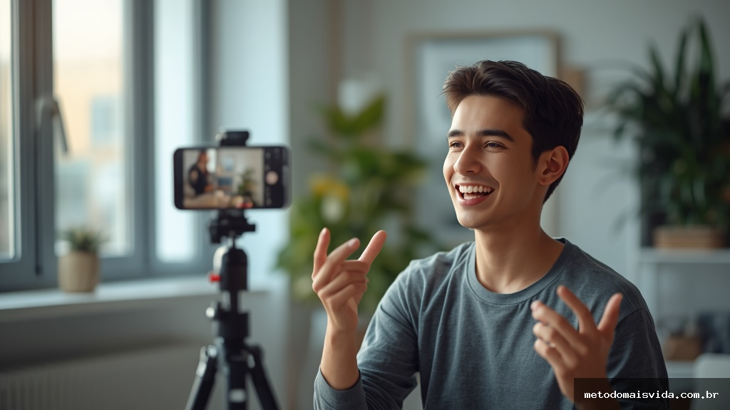Criador de conteúdo gravando vídeo curto vertical com smartphone e ring light em estúdio caseiro moderno