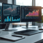 Mesa de trabalho moderna com monitores exibindo gráficos e dashboards de Big Data para análise de crescimento empresarial em 2024