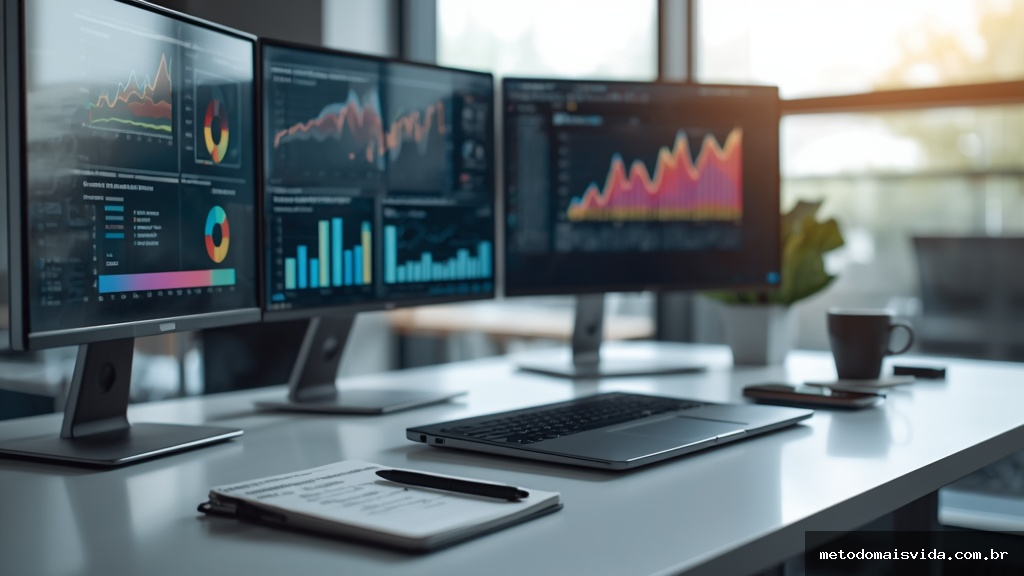 Mesa de trabalho moderna com monitores exibindo gráficos e dashboards de Big Data para análise de crescimento empresarial em 2024