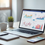 Mesa de escritório moderna com laptop exibindo dashboard de inbound marketing, gráficos de funil de vendas, caderno com anotações estratégicas e xícara de café