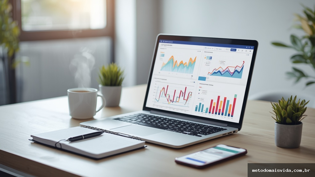 Mesa de escritório moderna com laptop exibindo dashboard de inbound marketing, gráficos de funil de vendas, caderno com anotações estratégicas e xícara de café