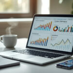 Mesa de trabalho moderna com notebook exibindo gráficos de marketing de conteúdo, caderno com anotações de estratégia, smartphone e xícara de café sob luz natural