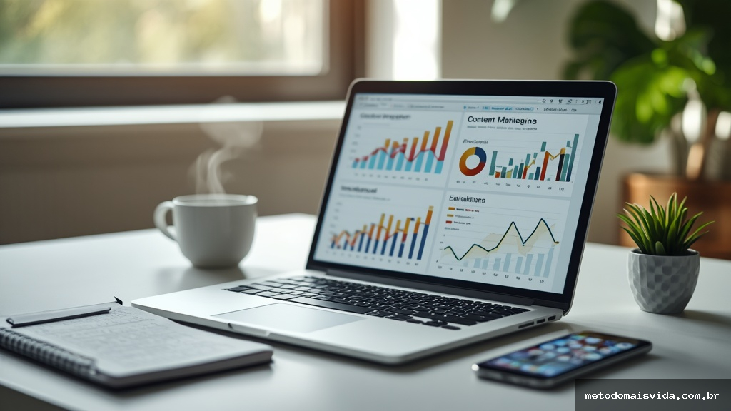Mesa de trabalho moderna com notebook exibindo gráficos de marketing de conteúdo, caderno com anotações de estratégia, smartphone e xícara de café sob luz natural