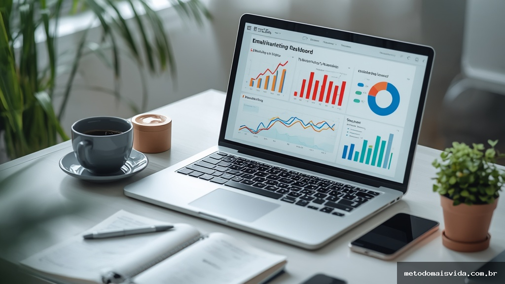 Notebook exibindo painel de email marketing com gráficos de engajamento e conversões sobre mesa de escritório moderna
