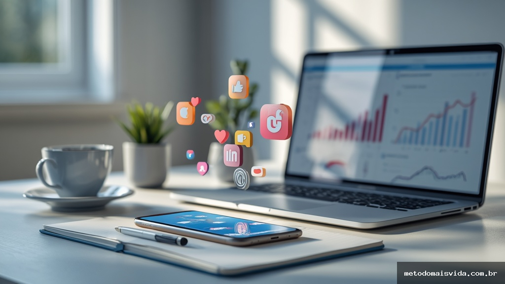 Smartphone sobre mesa de trabalho exibindo ícones de curtidas, comentários e compartilhamentos das redes sociais com gráficos de crescimento ao fundo
