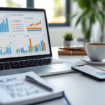 Mesa de trabalho moderna com laptop exibindo gráficos de conversão e funil de geração de leads em 2024