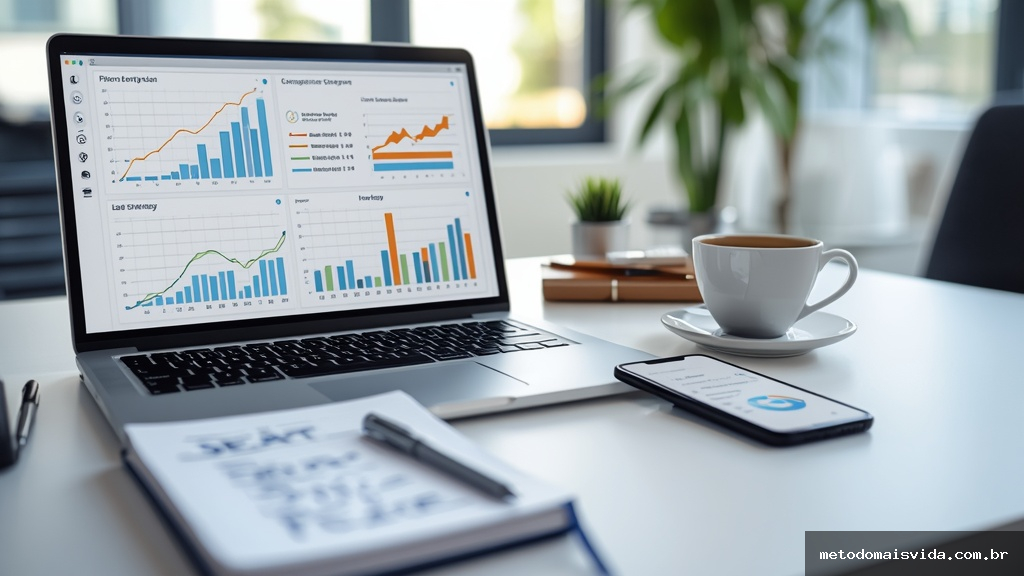 Mesa de trabalho moderna com laptop exibindo gráficos de conversão e funil de geração de leads em 2024