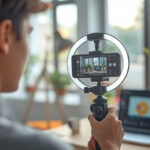 Criadora de conteúdo gravando vídeo vertical para Instagram Reels com smartphone em ring light, mostrando métricas de engajamento na tela