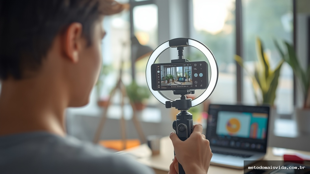 Criadora de conteúdo gravando vídeo vertical para Instagram Reels com smartphone em ring light, mostrando métricas de engajamento na tela