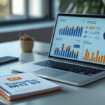 Mesa de trabalho com laptop exibindo gráficos de ROI e smartphone com meta-anúncios em destaque