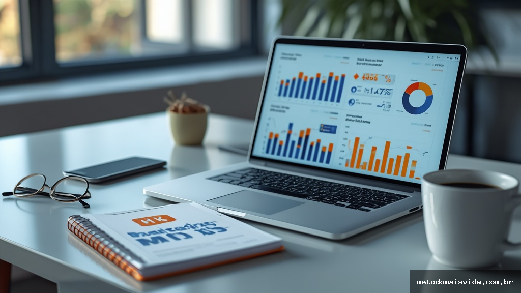 Mesa de trabalho com laptop exibindo gráficos de ROI e smartphone com meta-anúncios em destaque