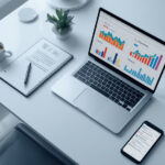 Mesa de trabalho moderna com laptop exibindo gráficos de análise SEO e caderno com anotações de palavras-chave