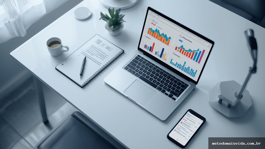 Mesa de trabalho moderna com laptop exibindo gráficos de análise SEO e caderno com anotações de palavras-chave
