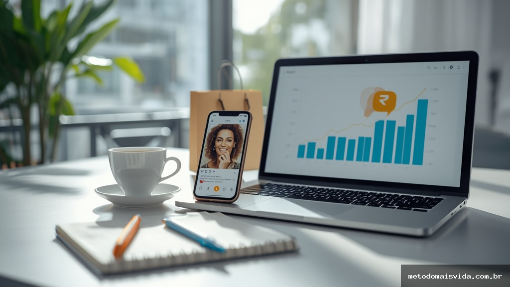 Mesa de trabalho moderna com smartphone exibindo conteúdo de influenciador digital e laptop com gráficos de crescimento de vendas
