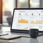 Mesa de trabalho moderna com laptop exibindo painel personalizado de cliente, smartphone com mensagem customizada e xícara de café