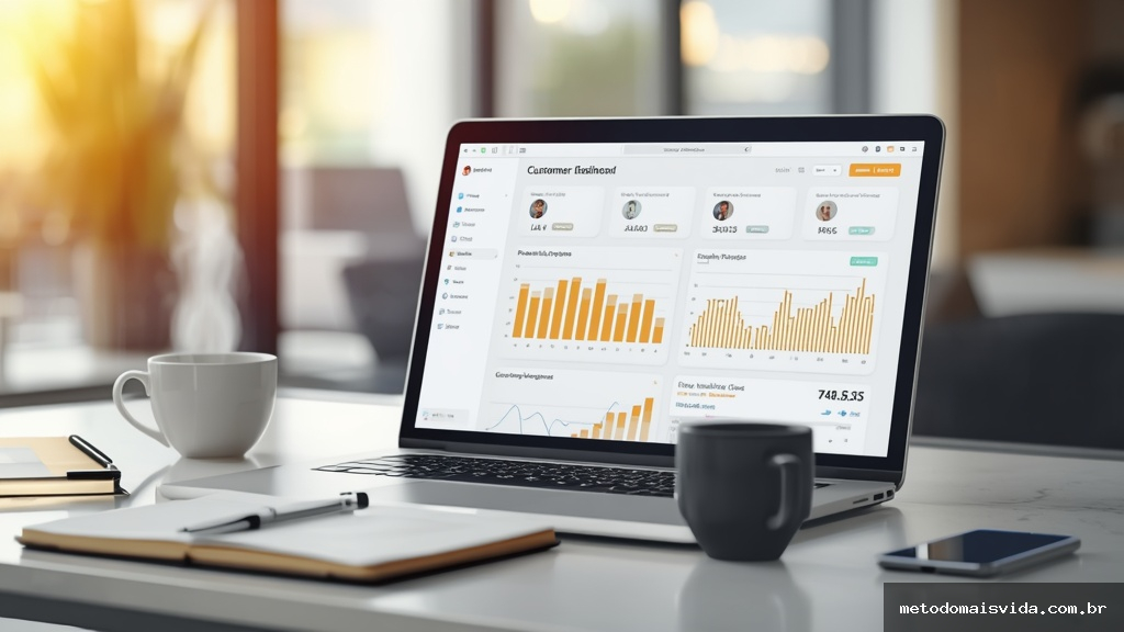 Mesa de trabalho moderna com laptop exibindo painel personalizado de cliente, smartphone com mensagem customizada e xícara de café