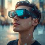 Pessoa usando óculos de realidade aumentada com elementos digitais holográficos sobrepostos ao ambiente urbano real