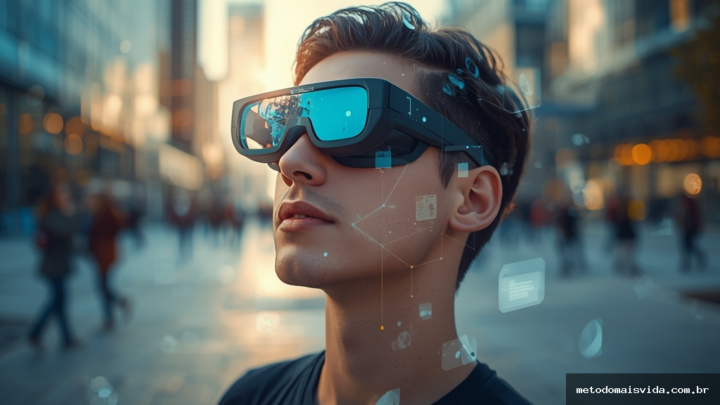Pessoa usando óculos de realidade aumentada com elementos digitais holográficos sobrepostos ao ambiente urbano real