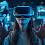 Mulher usando óculos de realidade virtual interage com hologramas representando educação, saúde e entretenimento