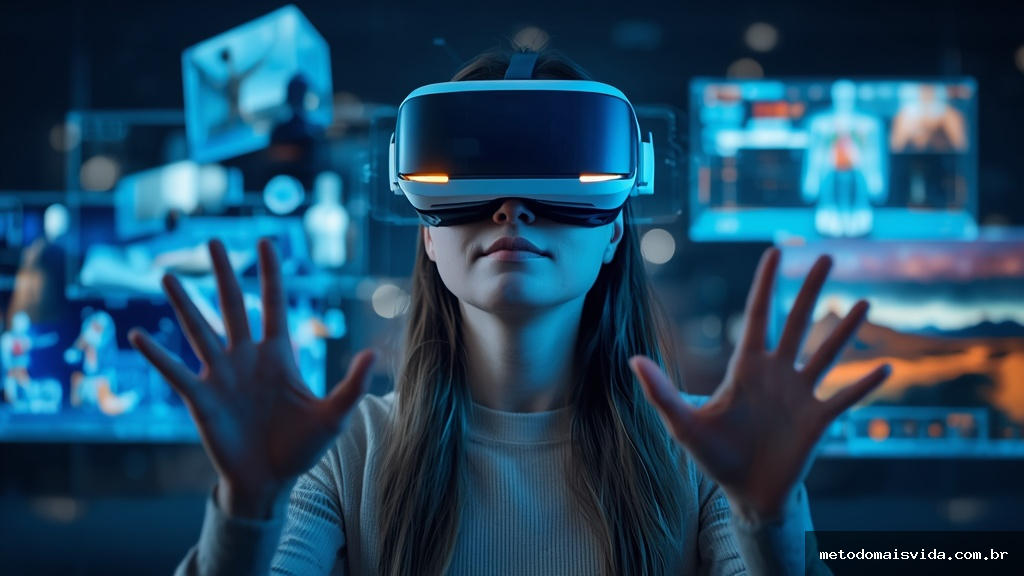 Mulher usando óculos de realidade virtual interage com hologramas representando educação, saúde e entretenimento